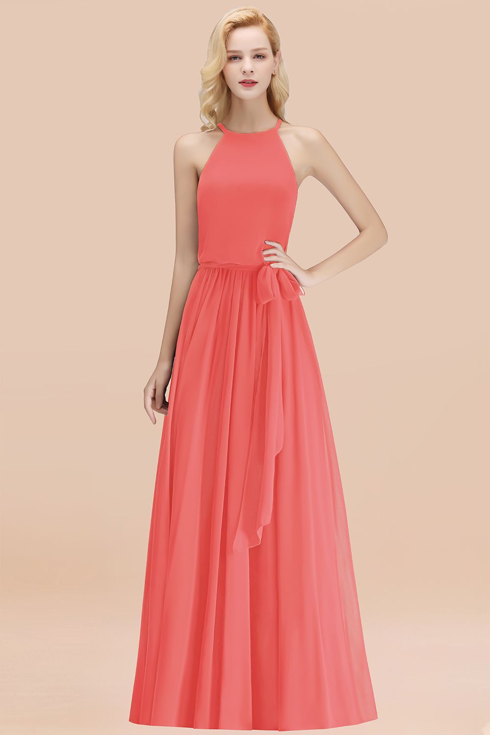 Affordable Halter Bow Long Bridesmaid Dresses Modest Burgundy Chiffon Wedding Party Dress - Fashionpara