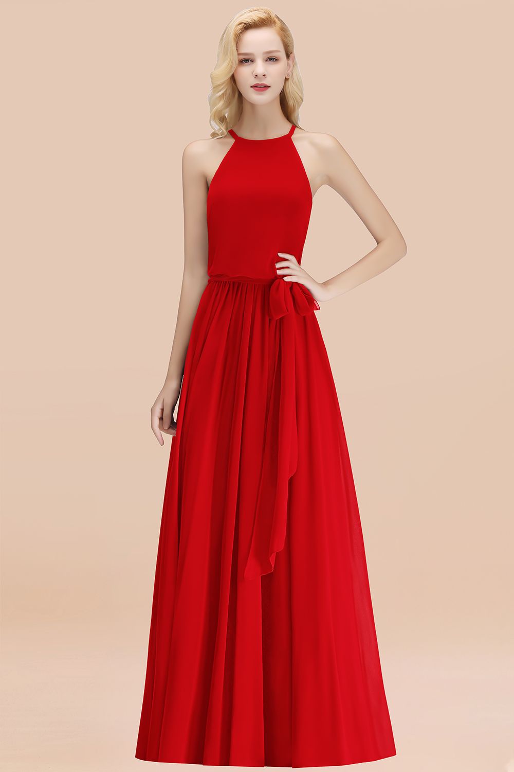 Affordable Halter Bow Long Bridesmaid Dresses Modest Burgundy Chiffon Wedding Party Dress - Fashionpara