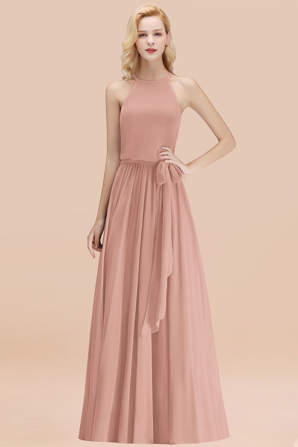 Affordable Halter Bow Long Bridesmaid Dresses Modest Burgundy Chiffon Wedding Party Dress