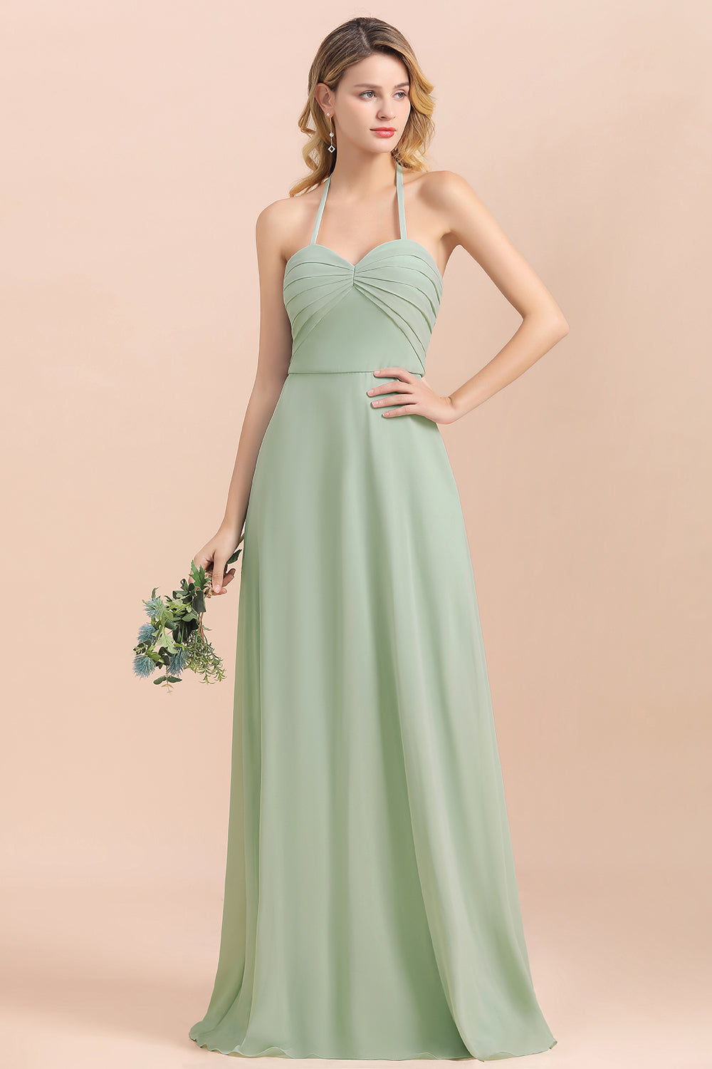 Affordable Halter Sweetheart Chiffon Dusty Sage Bridesmaid dresses - Fashionpara