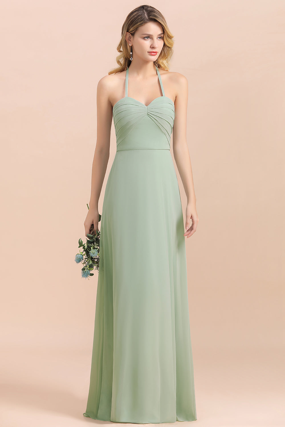 Affordable Halter Sweetheart Chiffon Dusty Sage Bridesmaid dresses - Fashionpara
