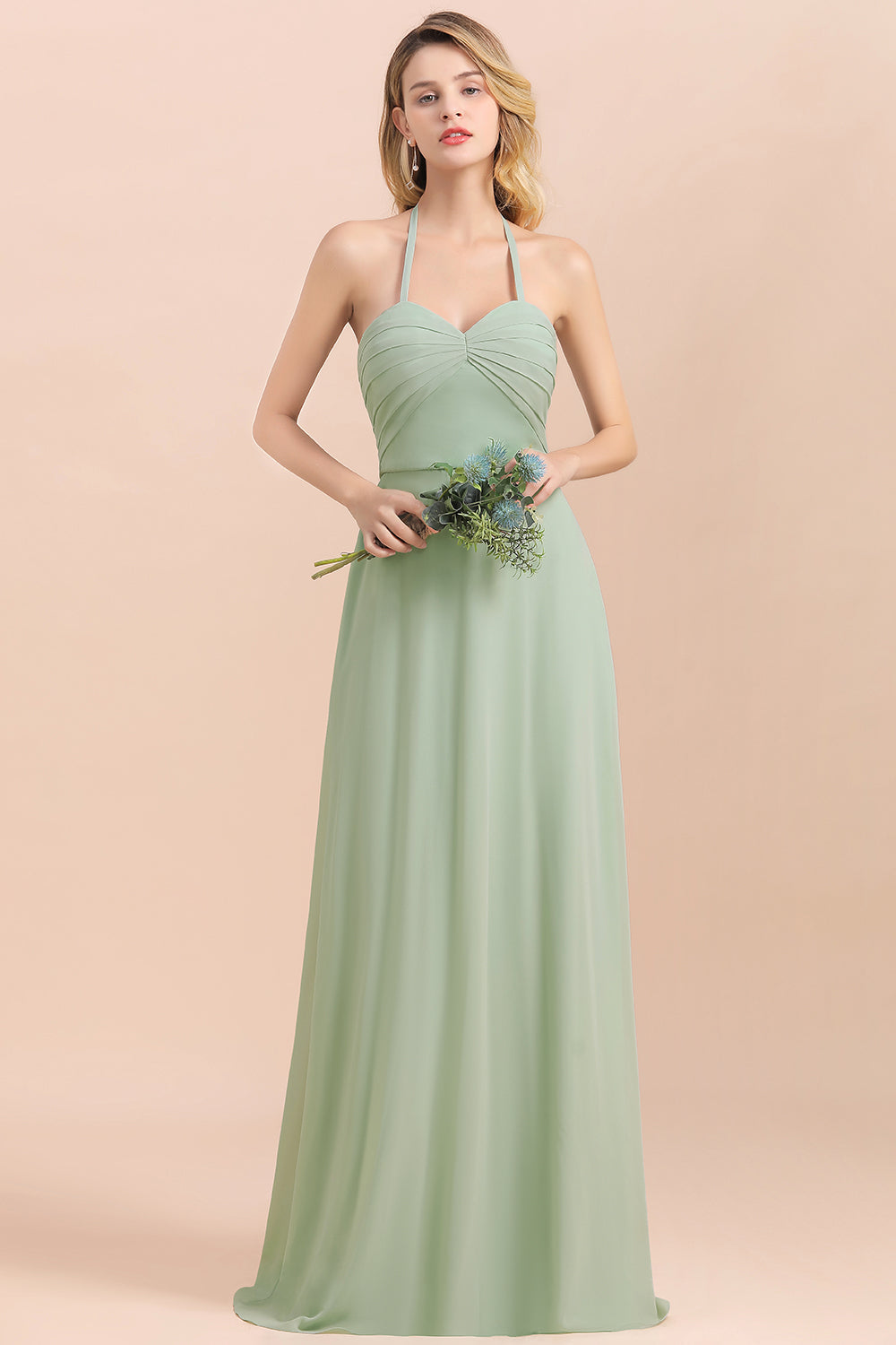 Affordable Halter Sweetheart Chiffon Dusty Sage Bridesmaid dresses - Fashionpara