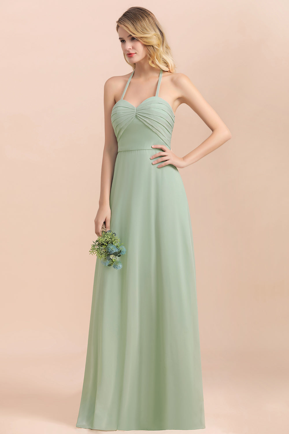 Affordable Halter Sweetheart Chiffon Dusty Sage Bridesmaid dresses - Fashionpara