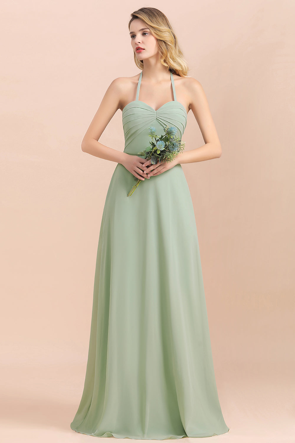 Affordable Halter Sweetheart Chiffon Dusty Sage Bridesmaid dresses - Fashionpara