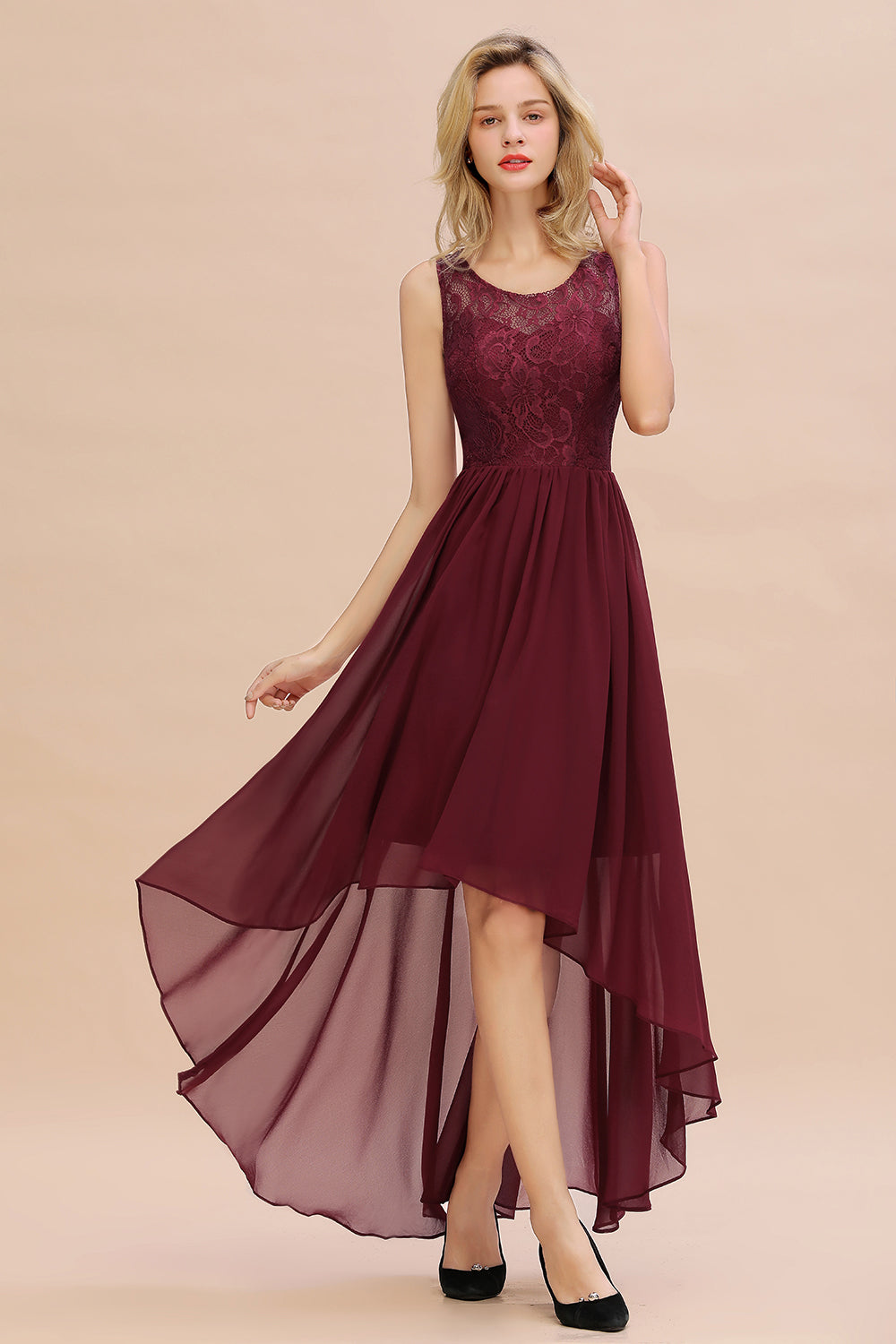 Affordable Hi-Lo Lace Sleeveless Burgundy Chiffon Bridesmaid Dresses - Fashionpara
