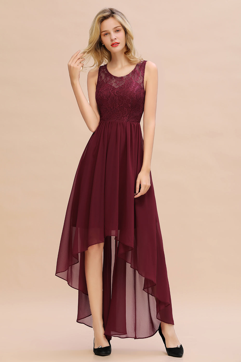 Affordable Hi-Lo Lace Sleeveless Burgundy Chiffon Bridesmaid Dresses - Fashionpara