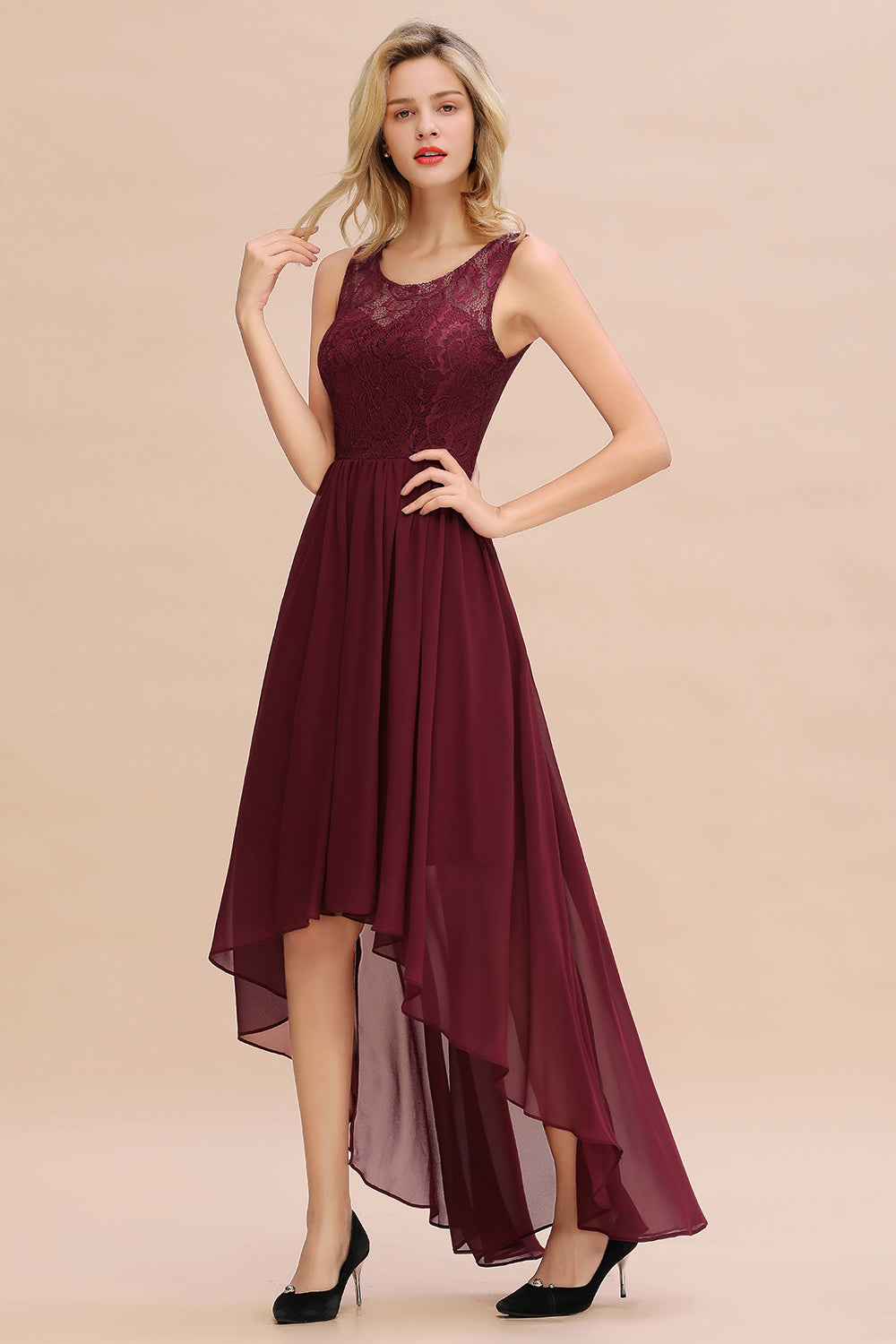 Affordable Hi-Lo Lace Sleeveless Burgundy Chiffon Bridesmaid Dresses - Fashionpara