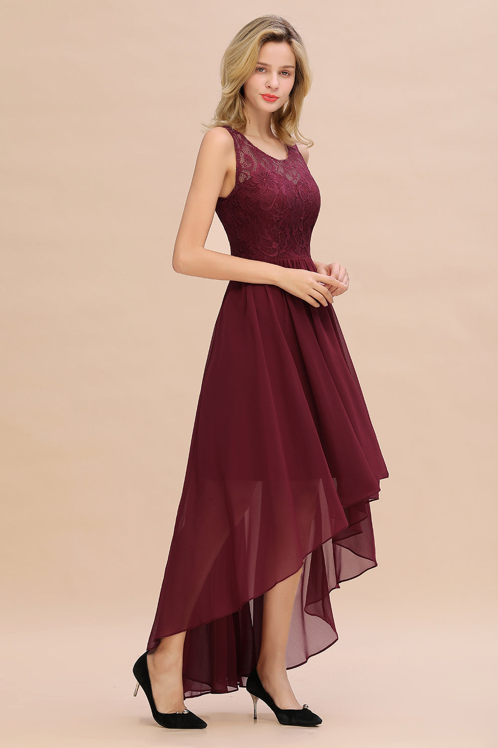 Affordable Hi-Lo Lace Sleeveless Burgundy Chiffon Bridesmaid Dresses - Fashionpara