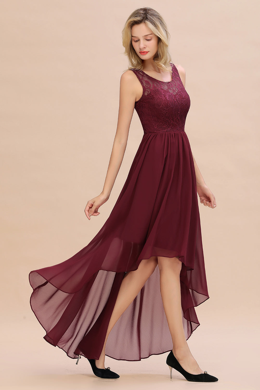 Affordable Hi-Lo Lace Sleeveless Burgundy Chiffon Bridesmaid Dresses - Fashionpara