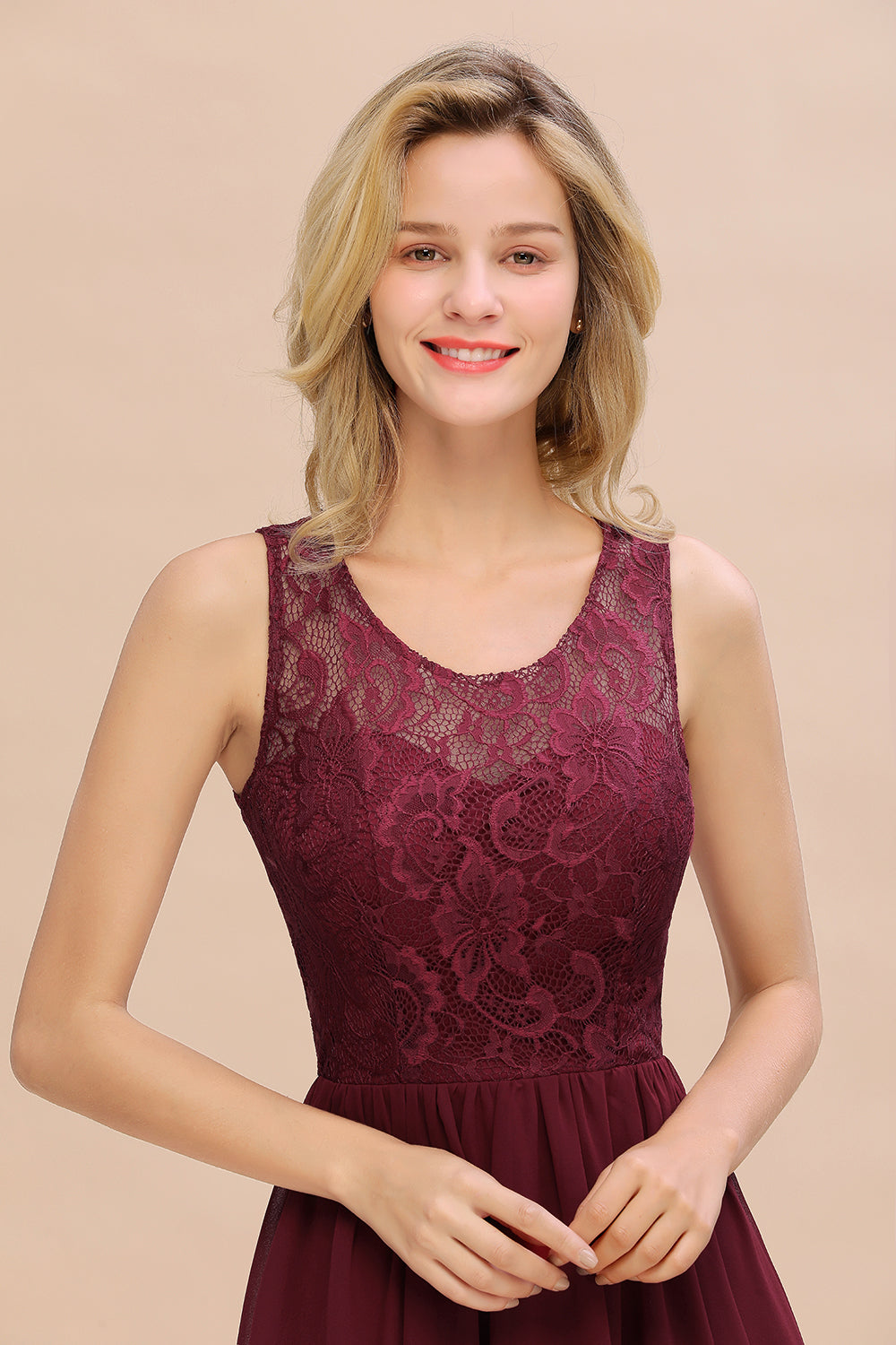 Affordable Hi-Lo Lace Sleeveless Burgundy Chiffon Bridesmaid Dresses - Fashionpara