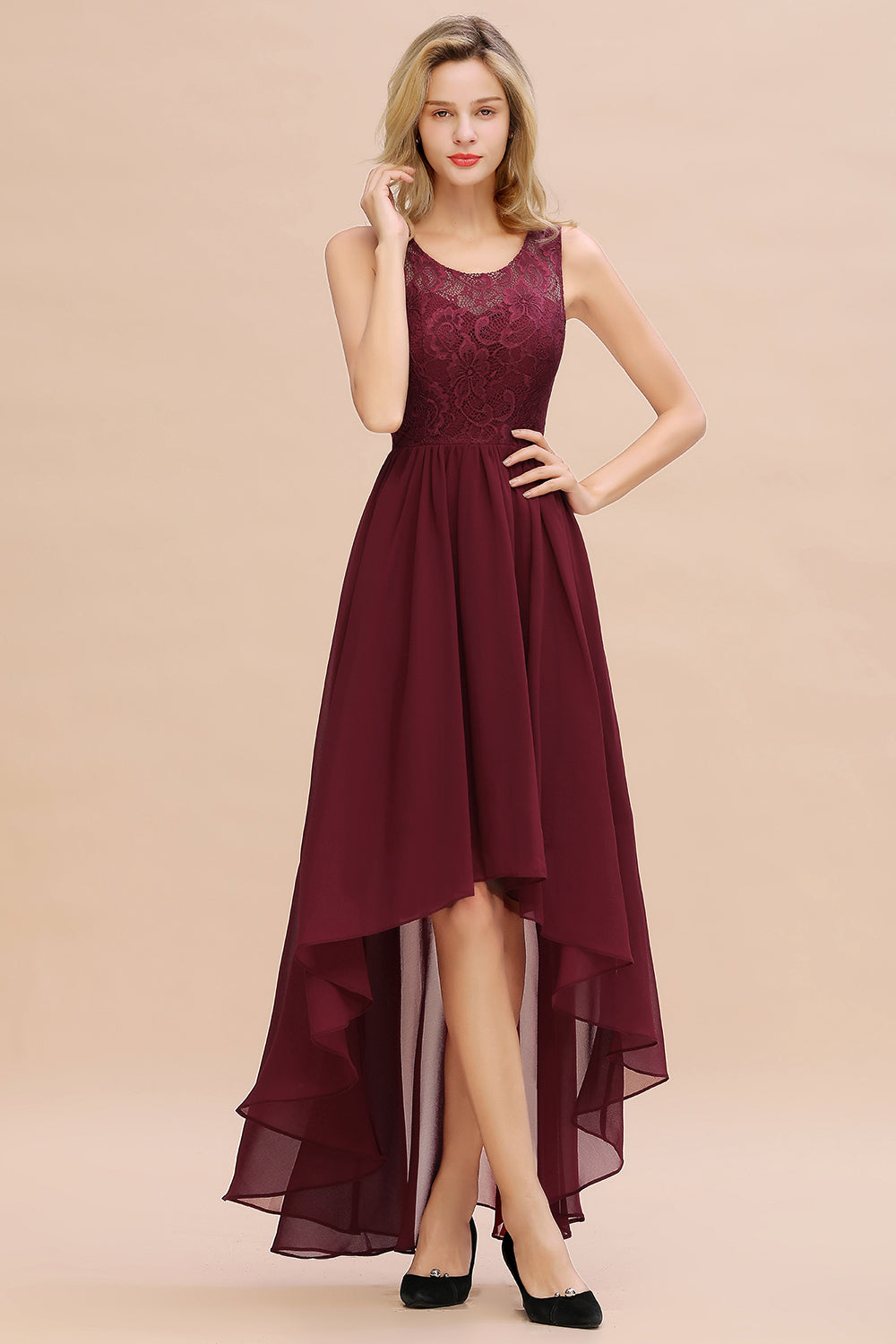 Affordable Hi-Lo Lace Sleeveless Burgundy Chiffon Bridesmaid Dresses - Fashionpara