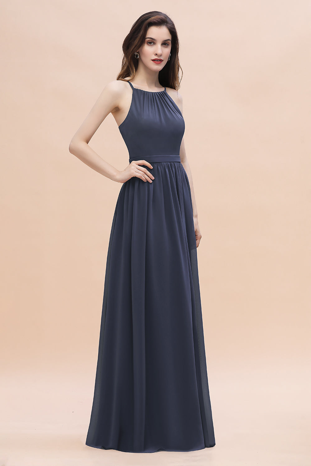 Affordable Jewel Sleeveless Stormy Chiffon Bridesmaid Dresses with Ruffles - Fashionpara