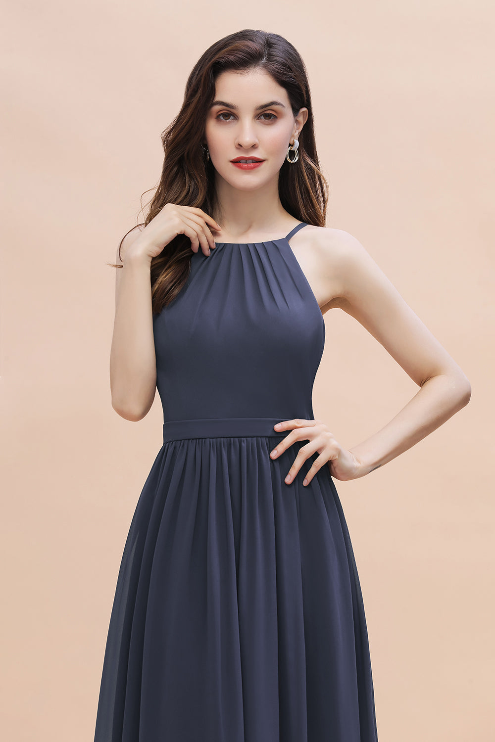 Affordable Jewel Sleeveless Stormy Chiffon Bridesmaid Dresses with Ruffles - Fashionpara