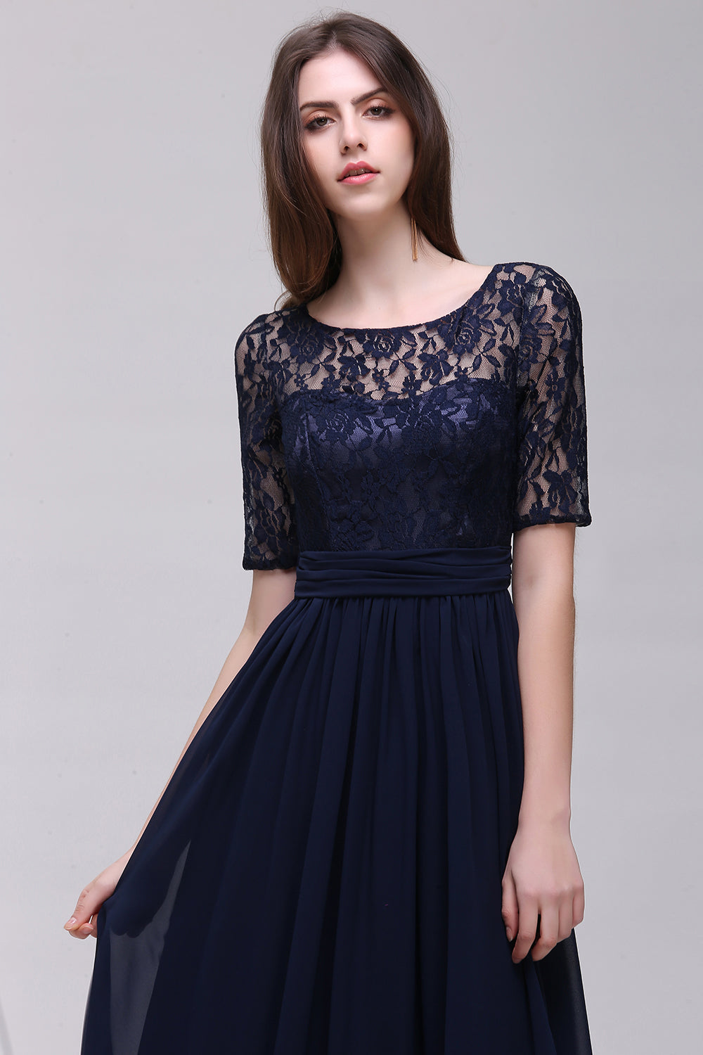 Affordable Lace Scoop Dark Navy Bridesmaid dresses with Half-Sleeves - Fashionpara