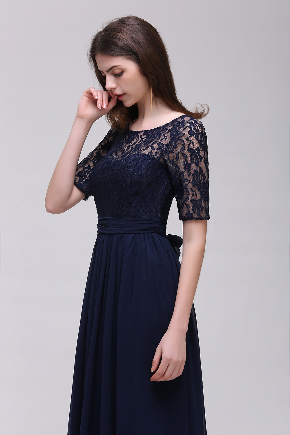 Affordable Lace Scoop Dark Navy Bridesmaid dresses with Half-Sleeves - Fashionpara