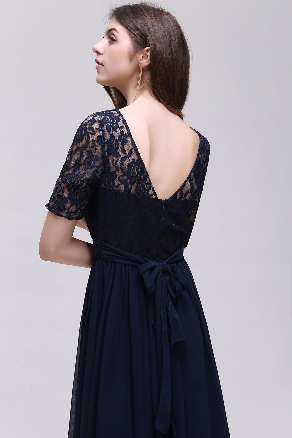 Affordable Lace Scoop Dark Navy Bridesmaid dresses with Half-Sleeves - Fashionpara