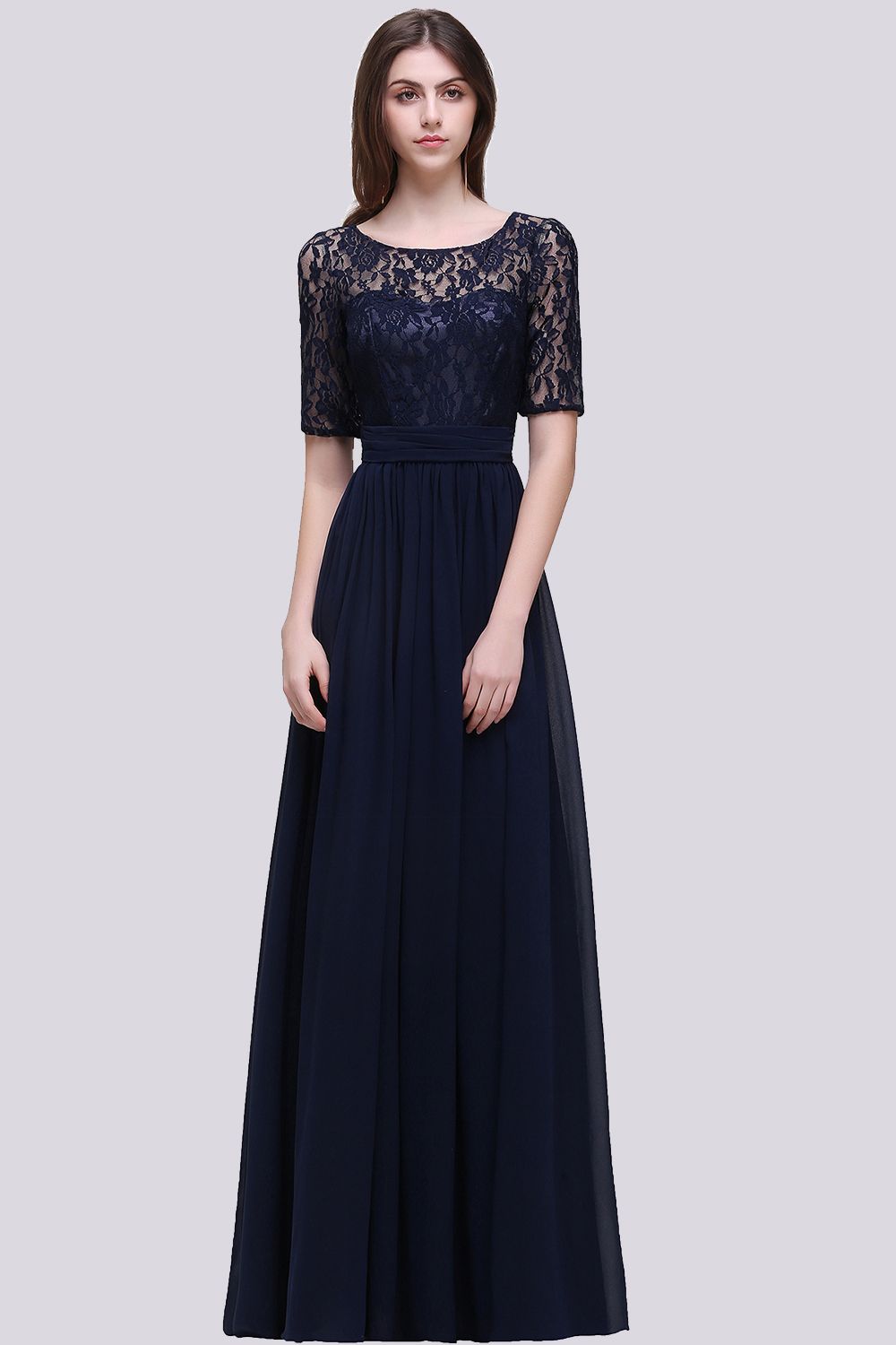 Affordable Lace Scoop Dark Navy Bridesmaid dresses with Half-Sleeves - Fashionpara