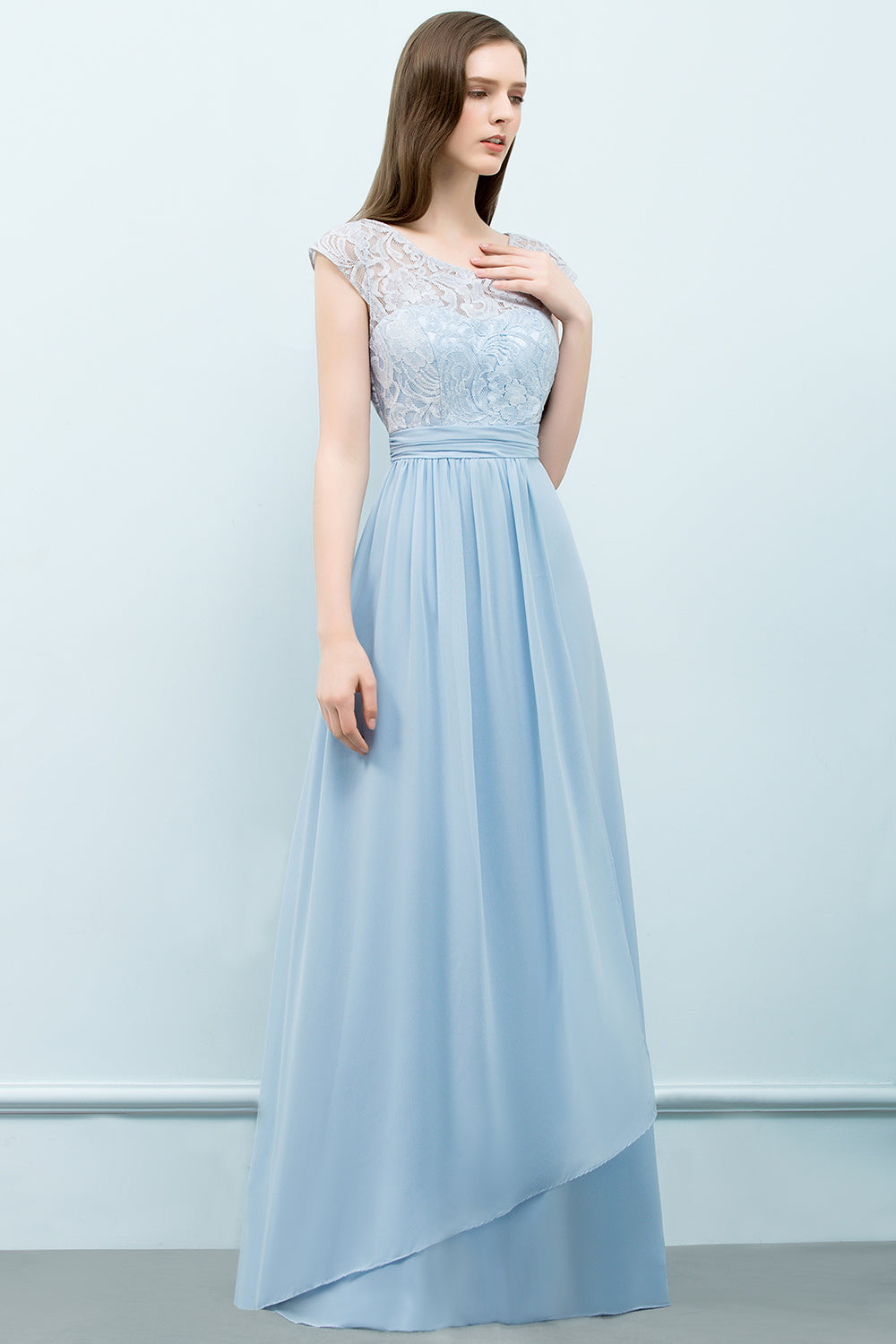 Affordable Lace Sleeveless Blue Bridesmaid dresses With Scoop Cap - Fashionpara