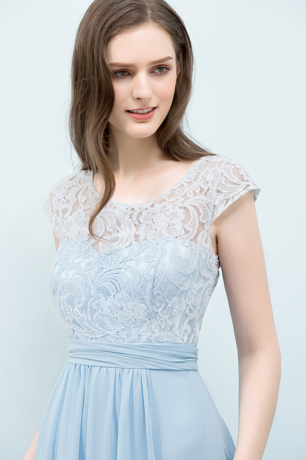 Affordable Lace Sleeveless Blue Bridesmaid dresses With Scoop Cap - Fashionpara