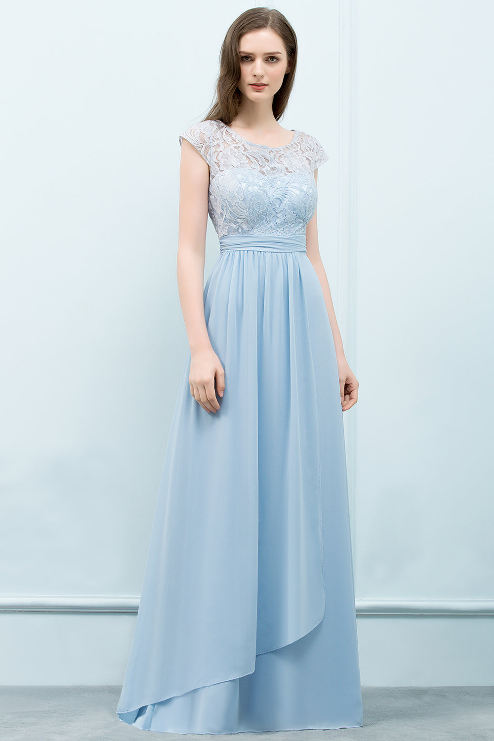 Affordable Lace Sleeveless Blue Bridesmaid dresses With Scoop Cap - Fashionpara