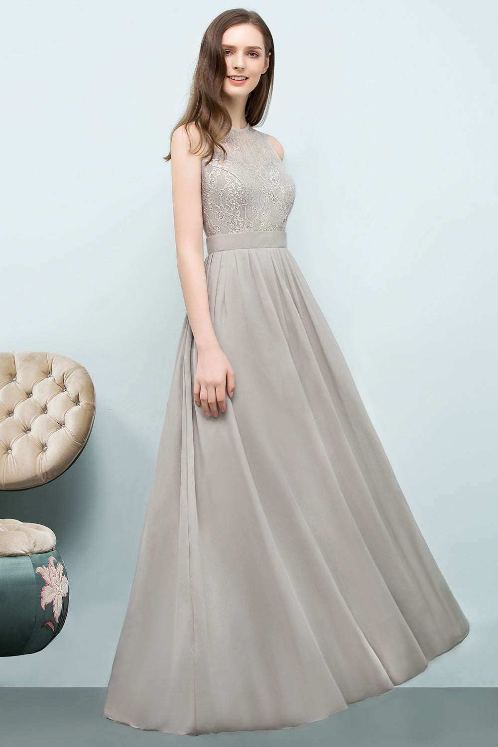 Affordable Lace Sleeveless Silver Bridesmaid Dresses with Ruffles - Fashionpara