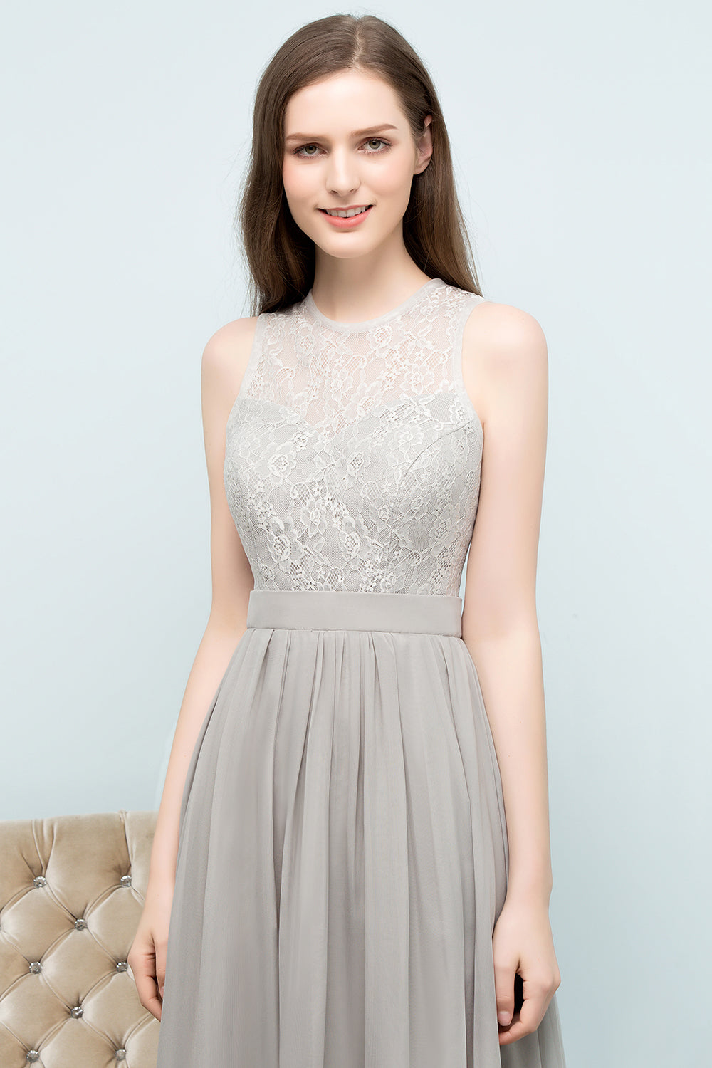 Affordable Lace Sleeveless Silver Bridesmaid Dresses with Ruffles - Fashionpara