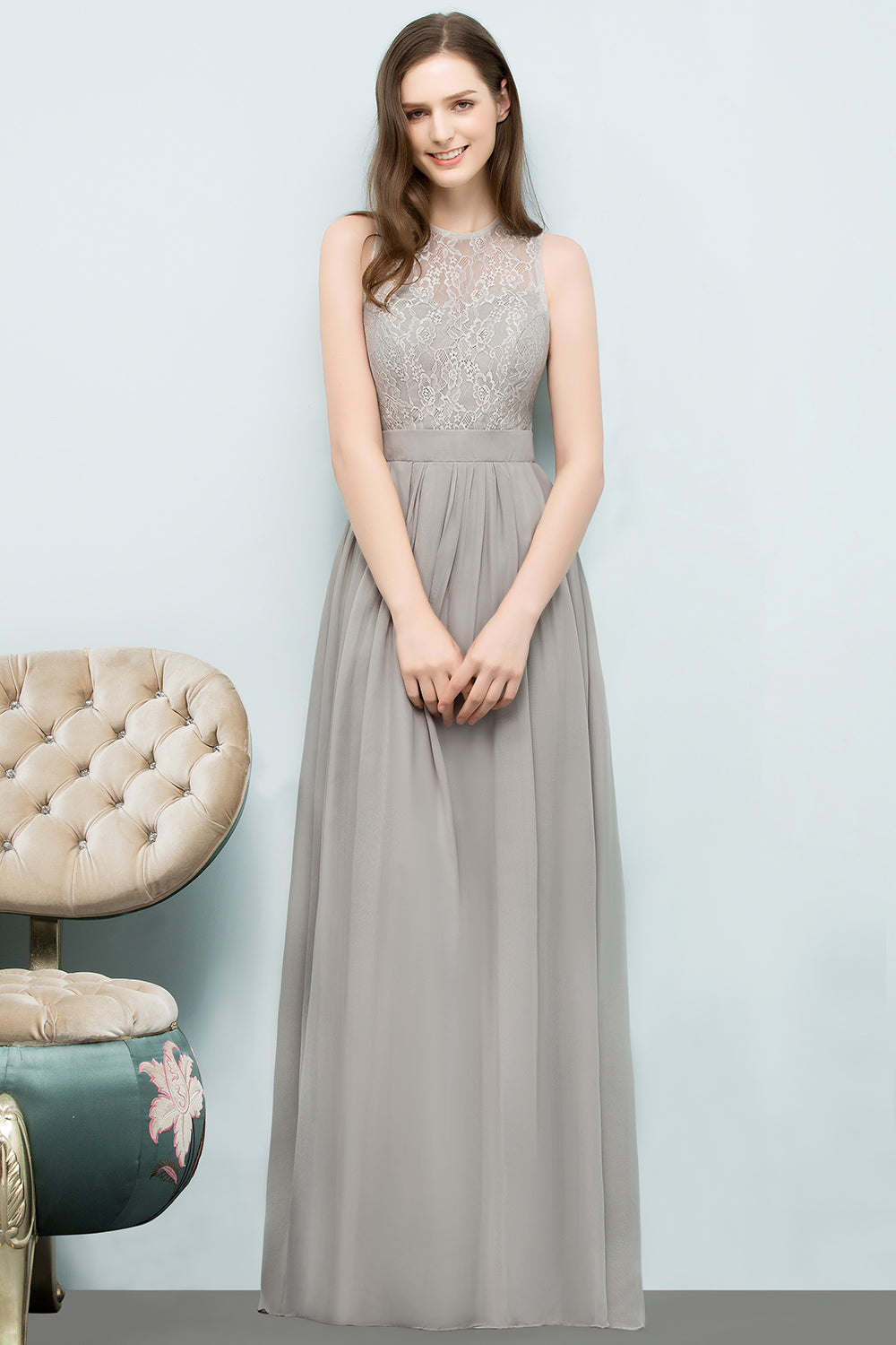 Affordable Lace Sleeveless Silver Bridesmaid Dresses with Ruffles - Fashionpara