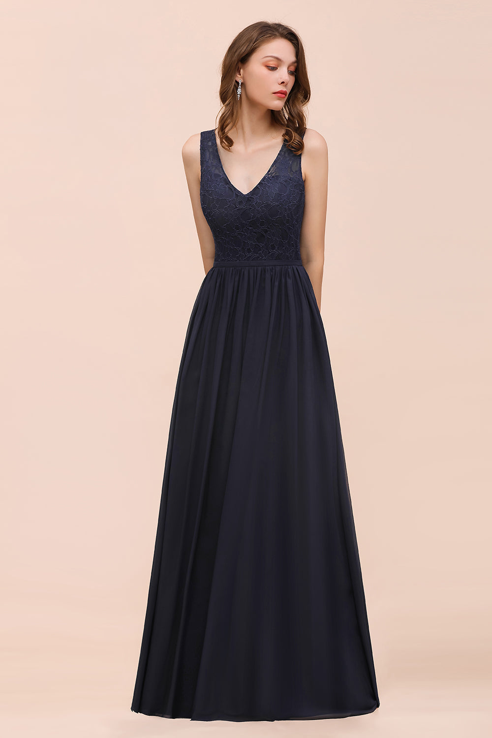 Affordable Lace V-Neck Navy Bridesmaid Dresses with Open Back - Fashionpara