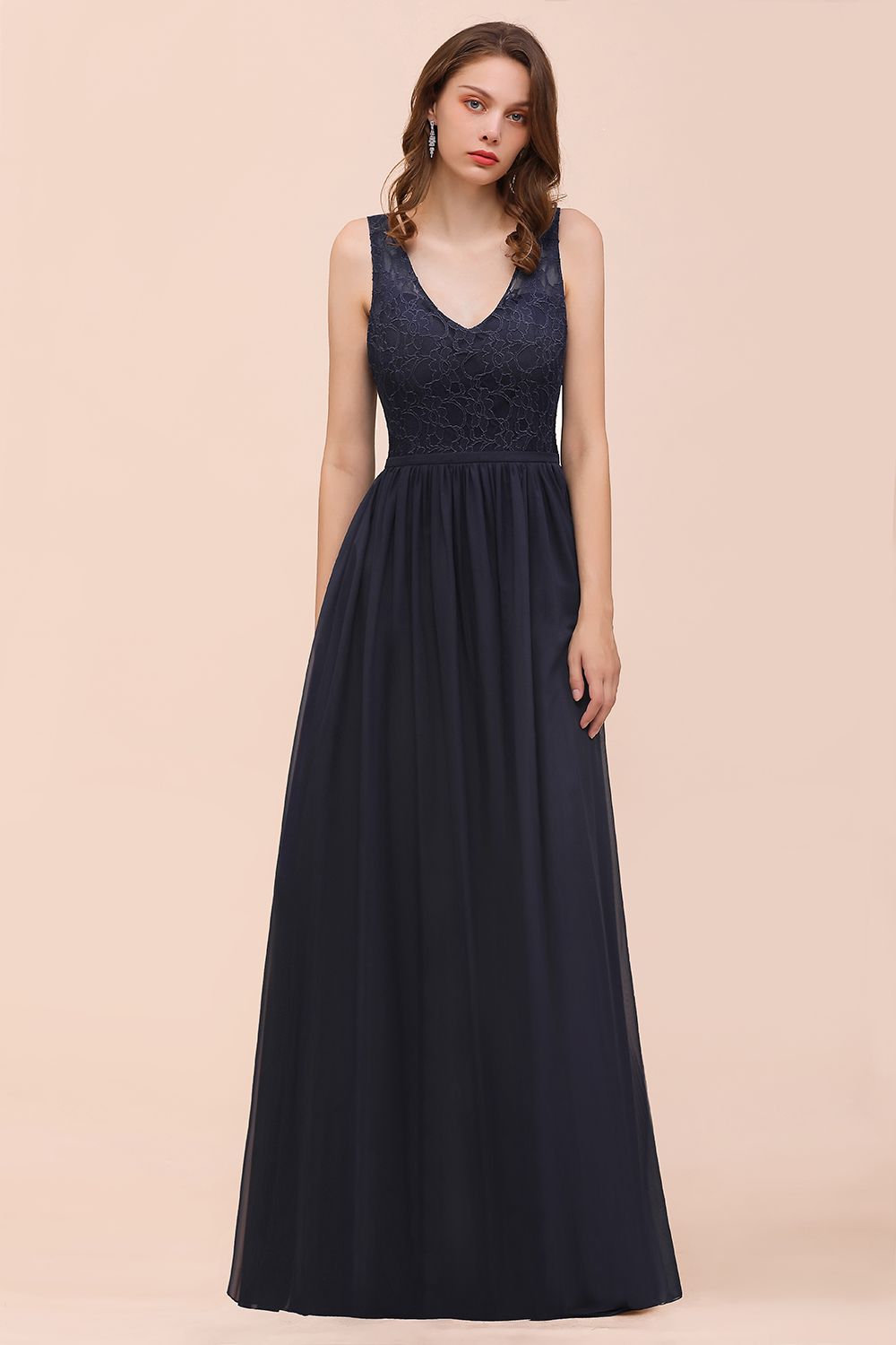 Affordable Lace V-Neck Navy Bridesmaid Dresses with Open Back - Fashionpara