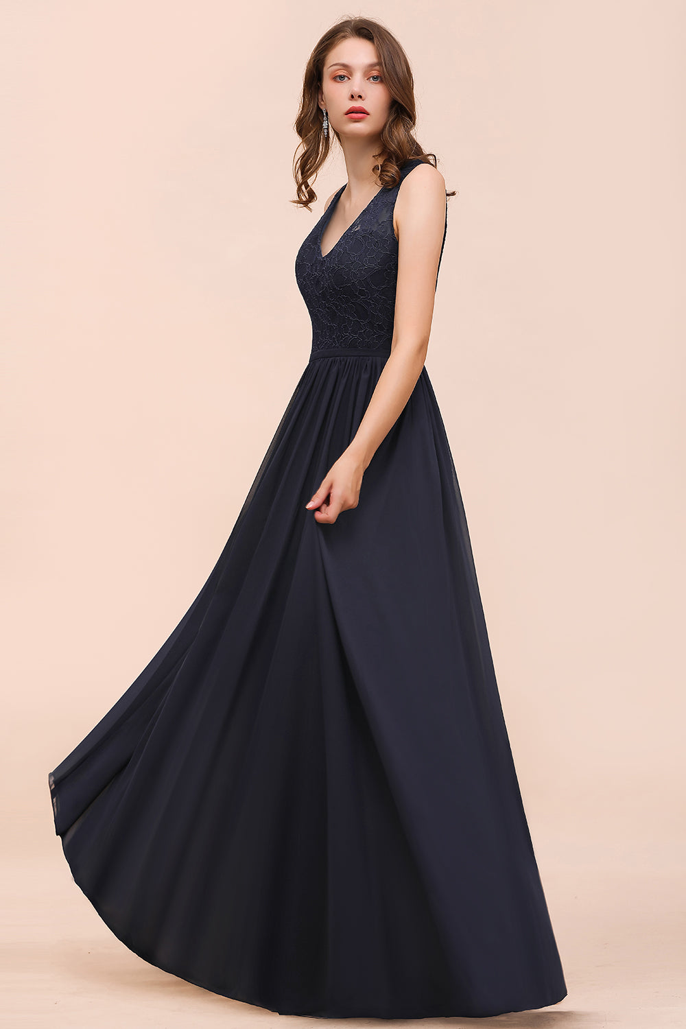 Affordable Lace V-Neck Navy Bridesmaid Dresses with Open Back - Fashionpara