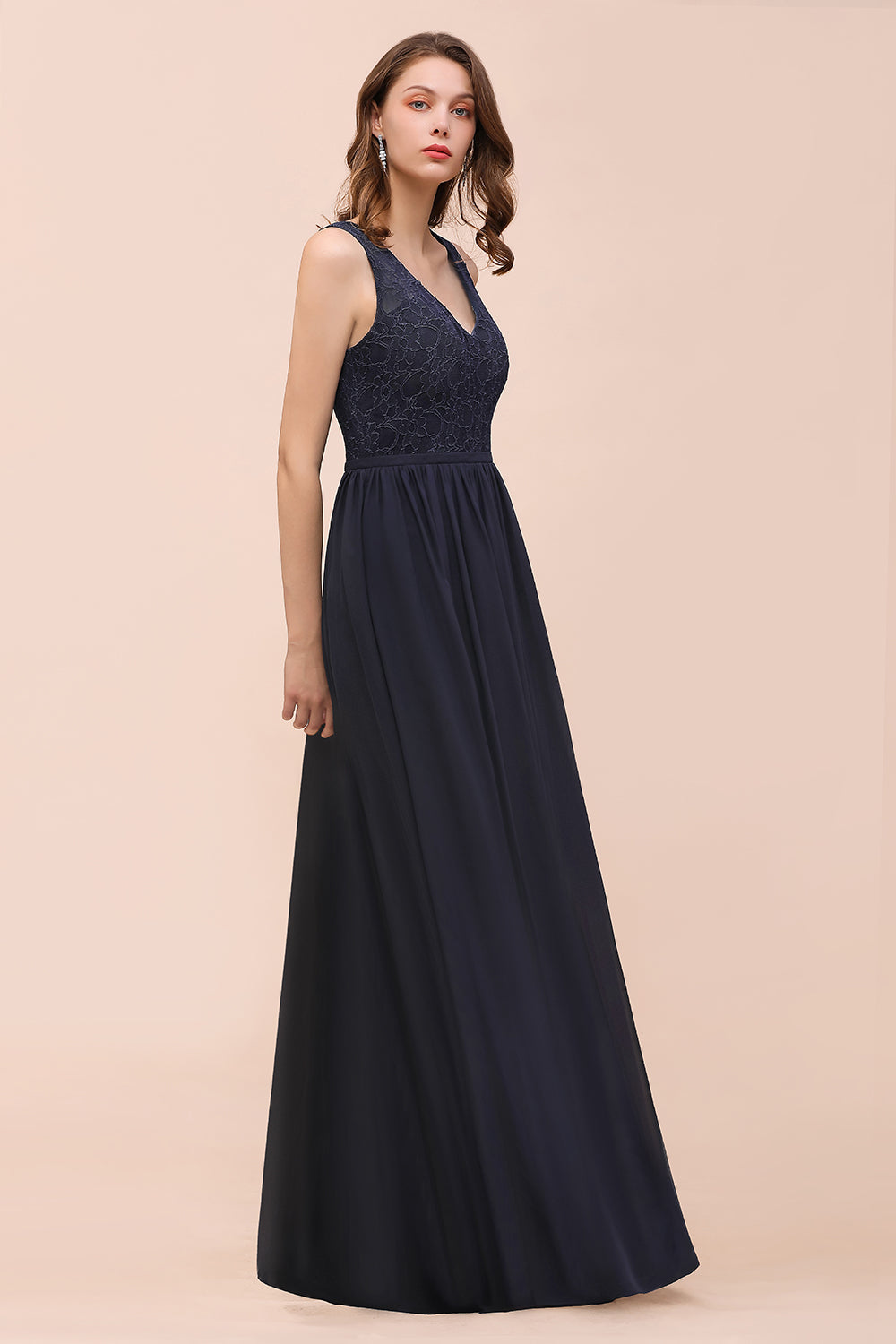 Affordable Lace V-Neck Navy Bridesmaid Dresses with Open Back - Fashionpara