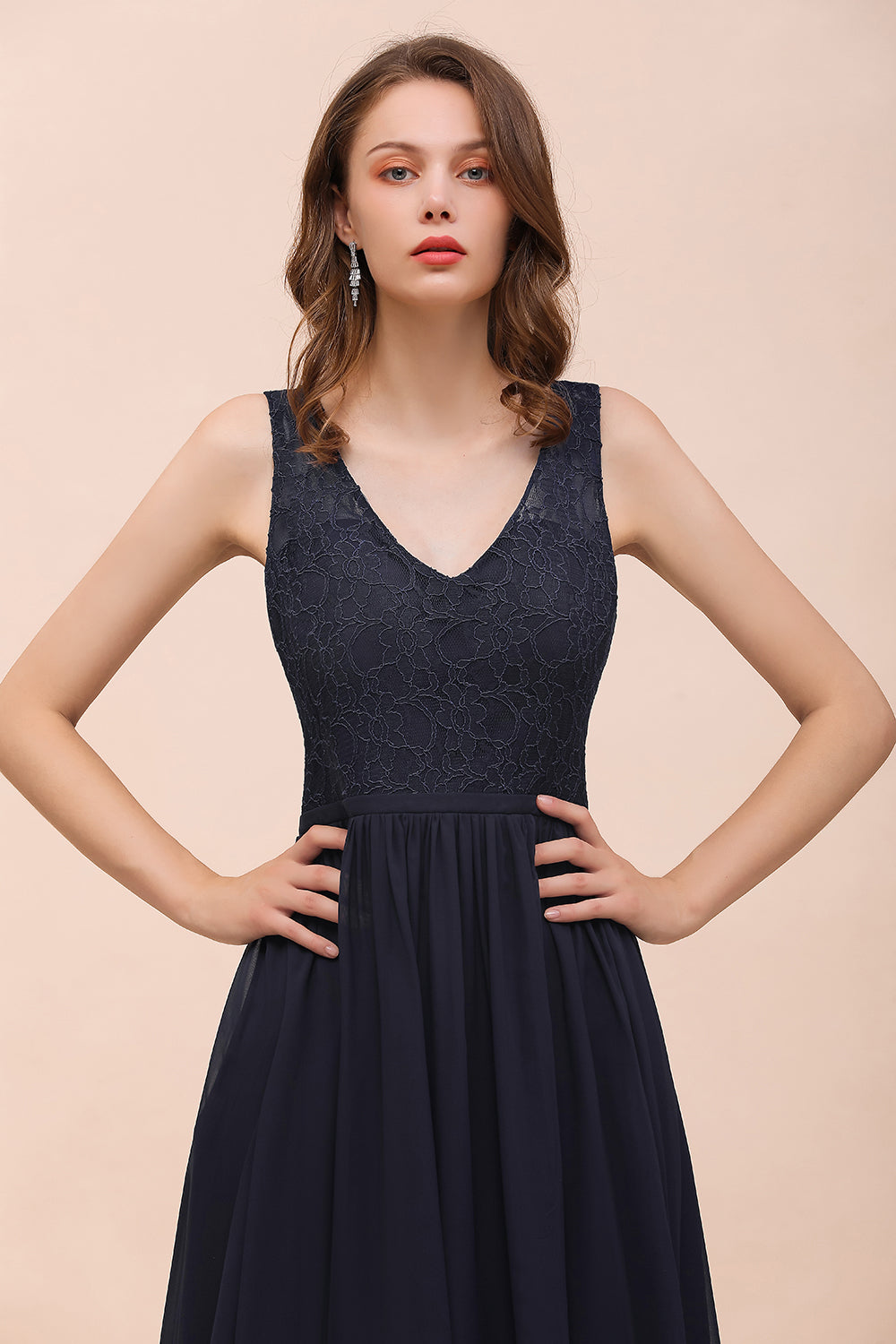 Affordable Lace V-Neck Navy Bridesmaid Dresses with Open Back - Fashionpara