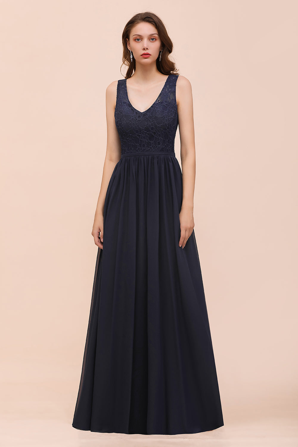 Affordable Lace V-Neck Navy Bridesmaid Dresses with Open Back - Fashionpara