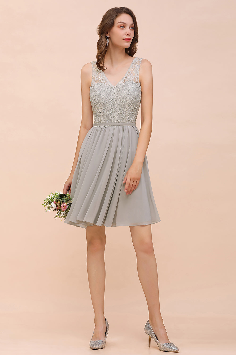 Affordable Lace V-Neck Silver Chiffon Short Bridesmaid Dresses - Fashionpara