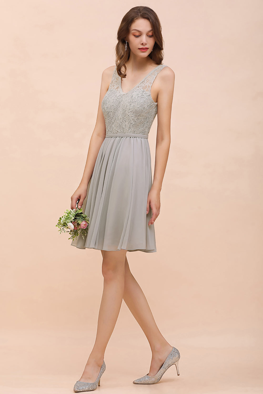 Affordable Lace V-Neck Silver Chiffon Short Bridesmaid Dresses - Fashionpara