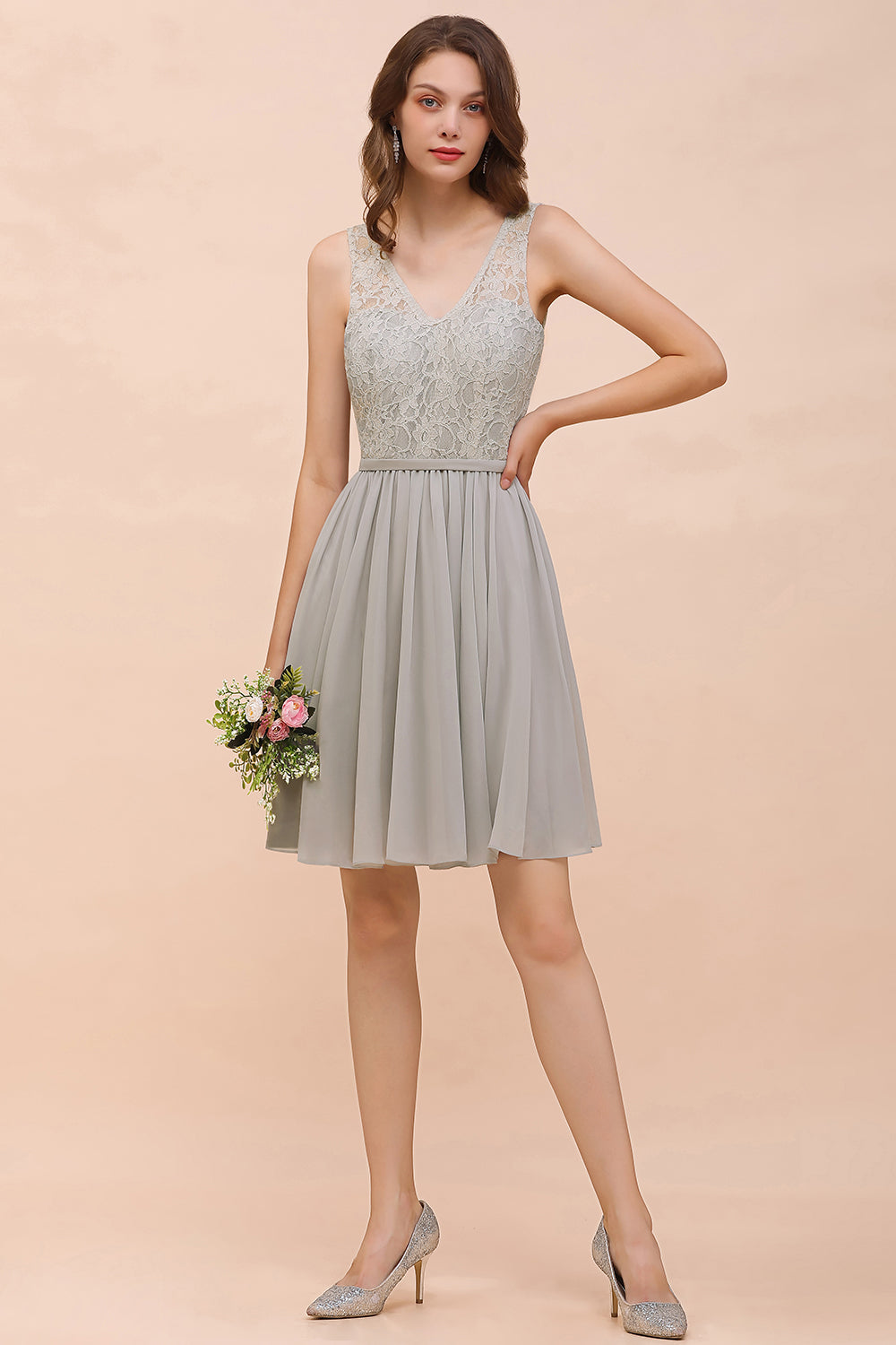Affordable Lace V-Neck Silver Chiffon Short Bridesmaid Dresses - Fashionpara