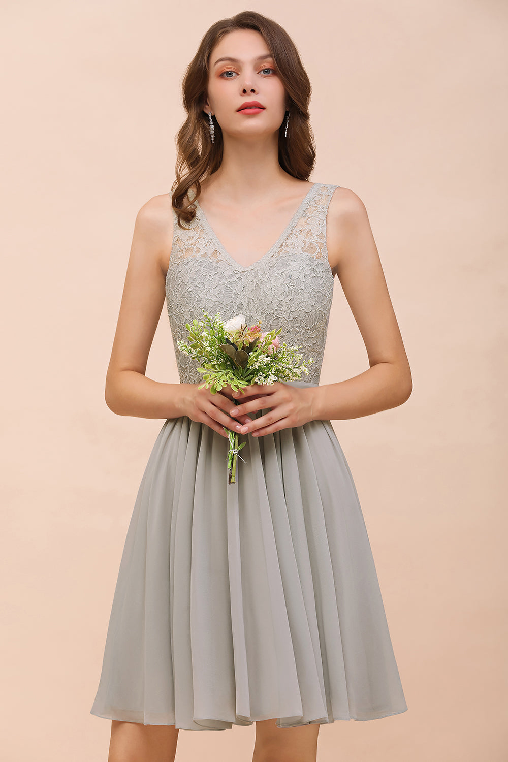 Affordable Lace V-Neck Silver Chiffon Short Bridesmaid Dresses - Fashionpara