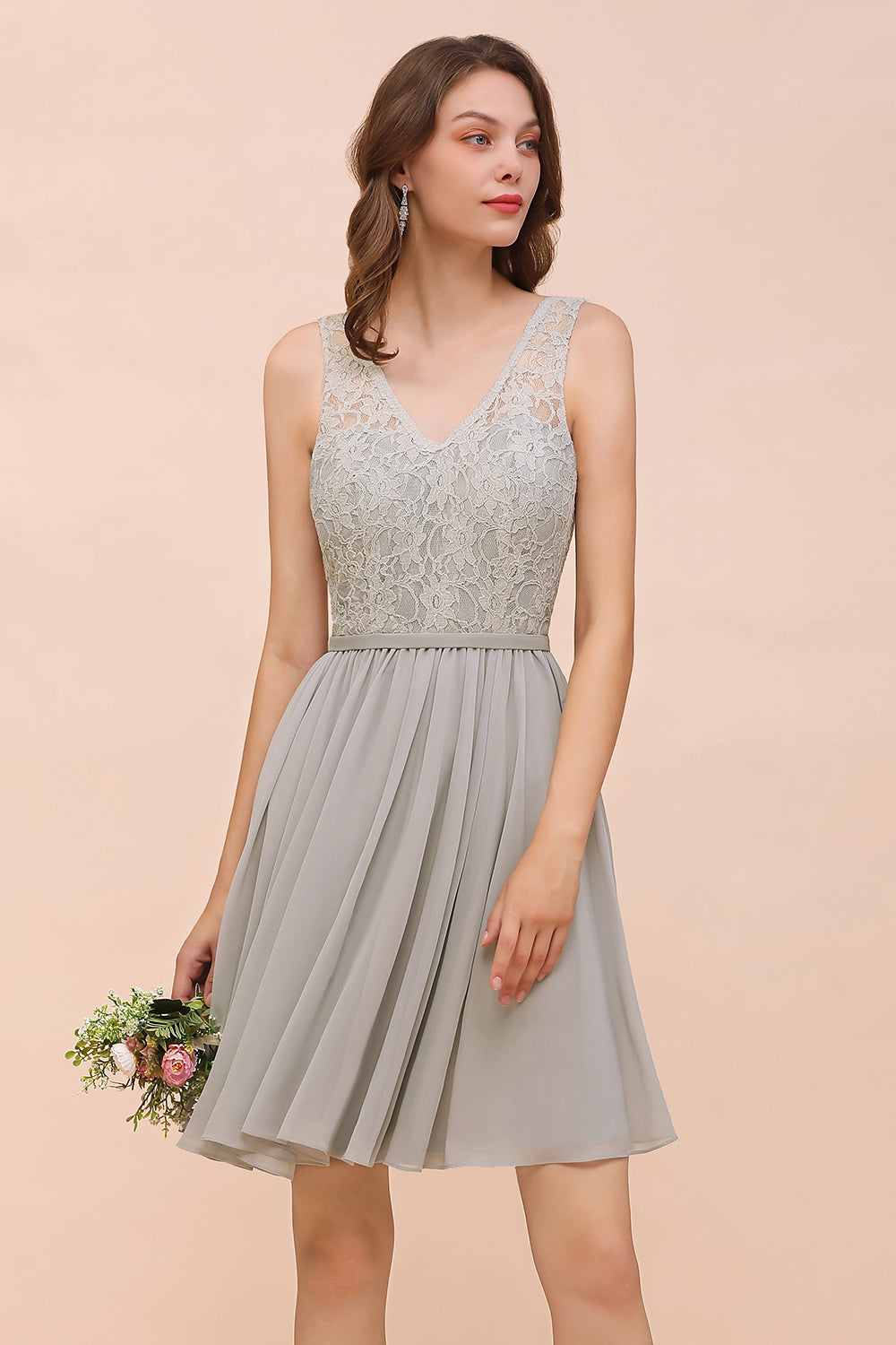 Affordable Lace V-Neck Silver Chiffon Short Bridesmaid Dresses - Fashionpara