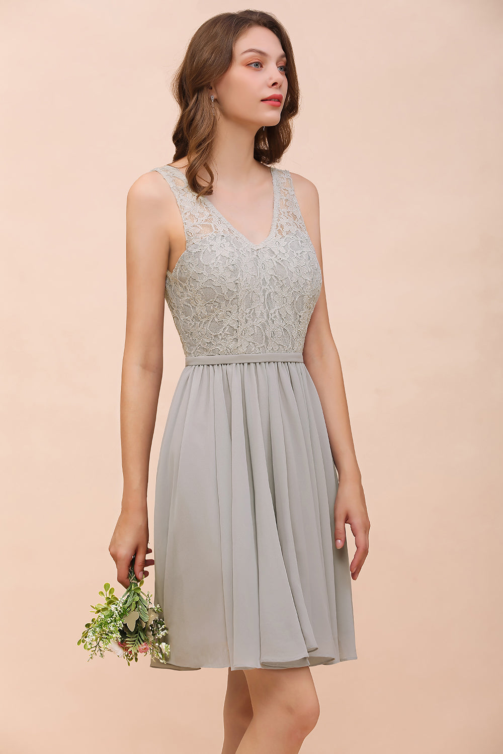 Affordable Lace V-Neck Silver Chiffon Short Bridesmaid Dresses - Fashionpara