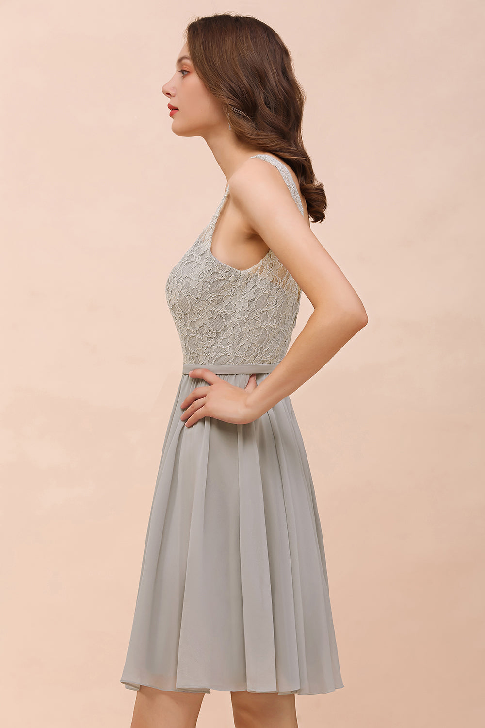Affordable Lace V-Neck Silver Chiffon Short Bridesmaid Dresses - Fashionpara