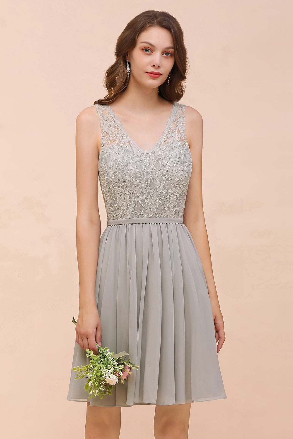 Affordable Lace V-Neck Silver Chiffon Short Bridesmaid Dresses - Fashionpara