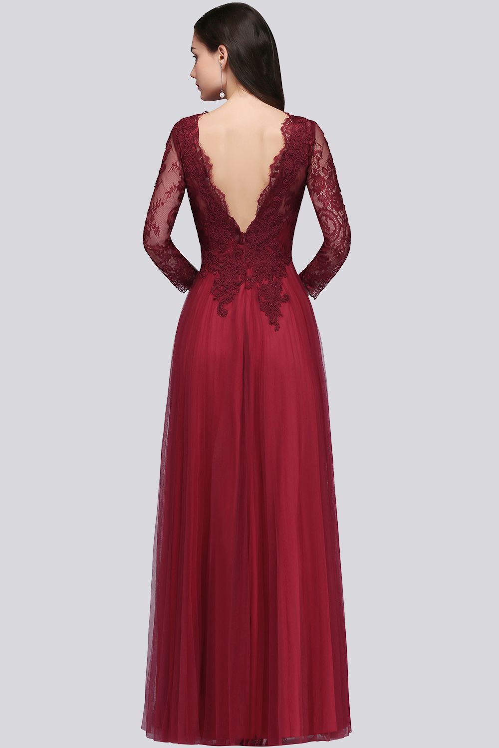 Affordable Long Sleeves V-Neck Lace Burgundy Bridesmaid dresses with Appliques - Fashionpara