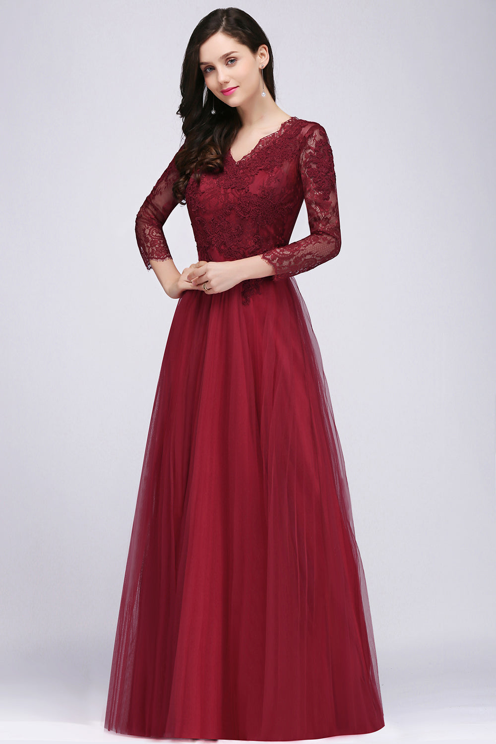 Affordable Long Sleeves V-Neck Lace Burgundy Bridesmaid dresses with Appliques - Fashionpara