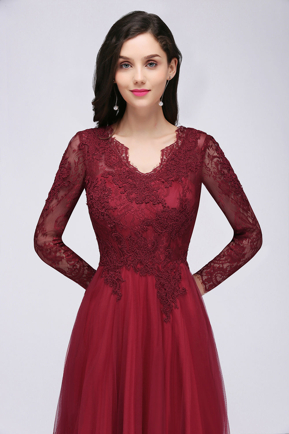Affordable Long Sleeves V-Neck Lace Burgundy Bridesmaid dresses with Appliques - Fashionpara