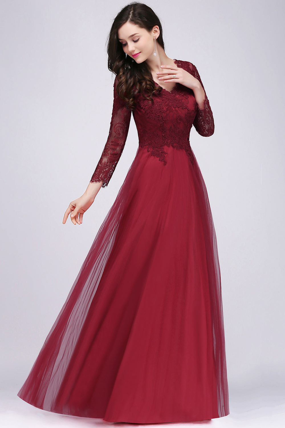 Affordable Long Sleeves V-Neck Lace Burgundy Bridesmaid dresses with Appliques - Fashionpara