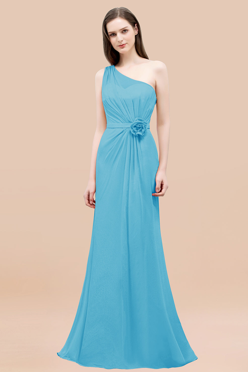 Affordable Mermaid One shoulder Pink Bridesmaid dresses with Flowers - Fashionpara