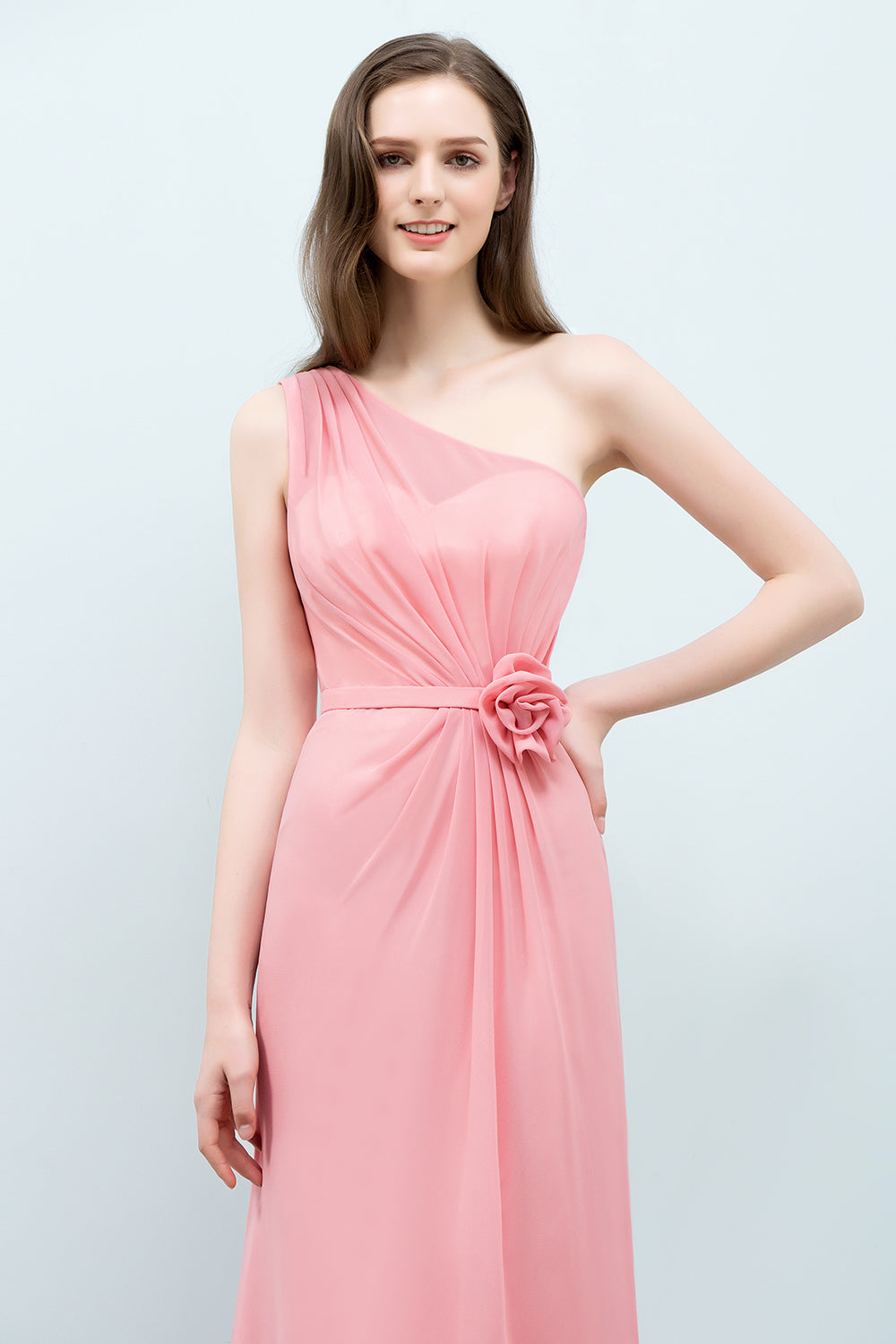 Affordable Mermaid One shoulder Pink Bridesmaid dresses with Flowers