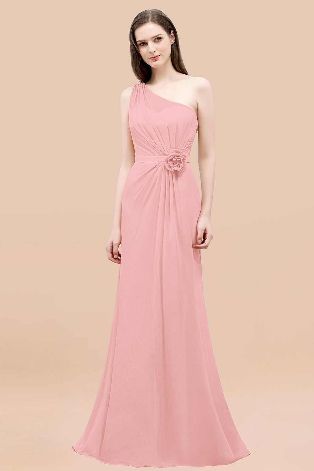 Affordable Mermaid One shoulder Pink Bridesmaid dresses with Flowers - Fashionpara