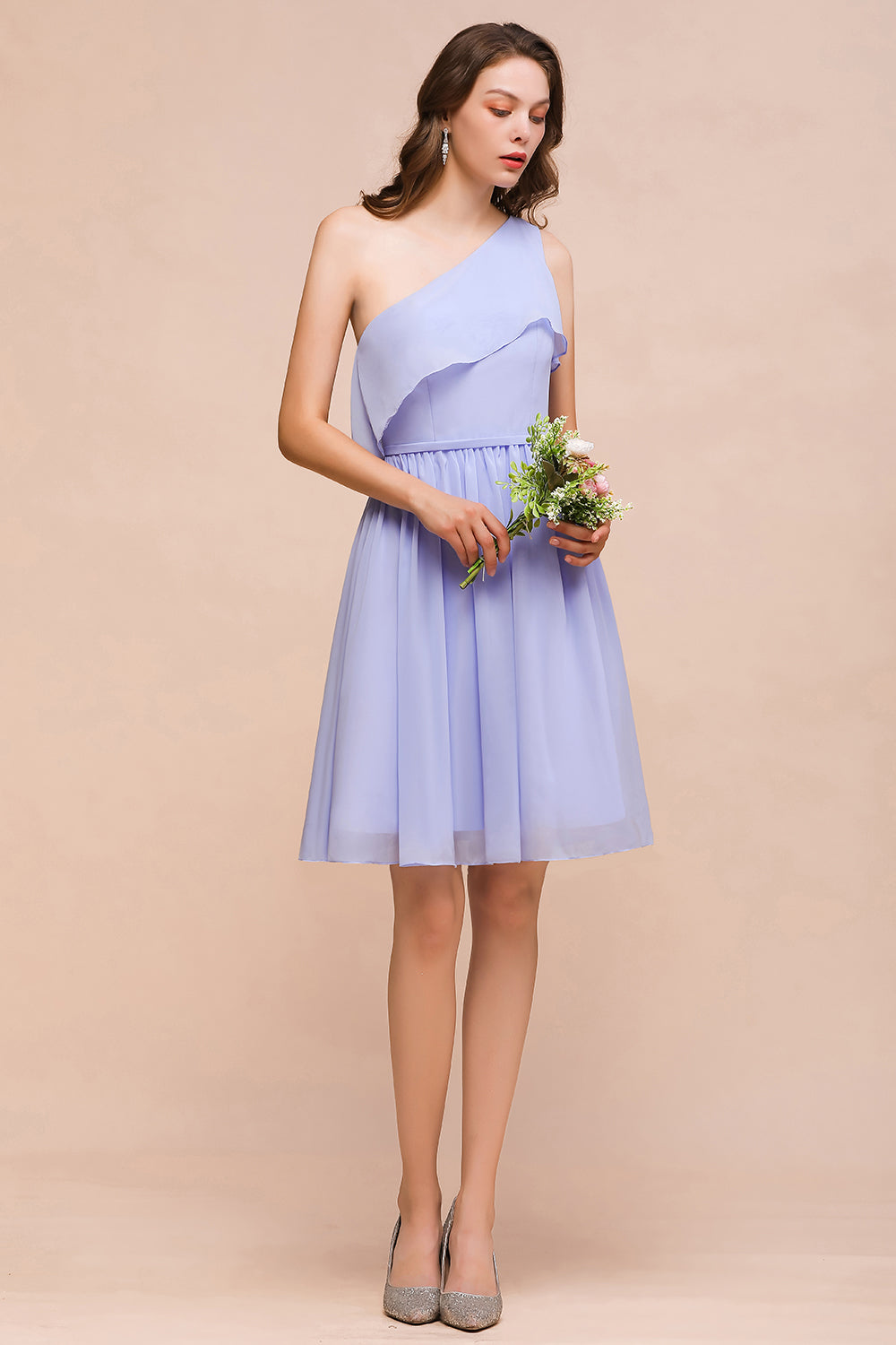 Affordable One Shoulder Ruffle Lavender Chiffon Short Bridesmaid Dresses - Fashionpara