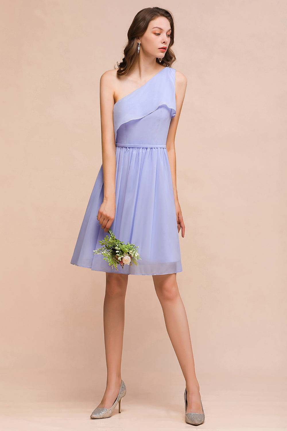 Affordable One Shoulder Ruffle Lavender Chiffon Short Bridesmaid Dresses - Fashionpara